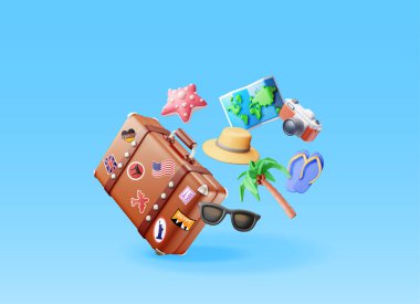 3 boyutlu palmiye ağacı, seyahat çantası, küre ve fotoğraf makinesi. Güneş gözlüğü, bavul ve Dünya gezegeni. Seyahat elemanı. Tatil ya da tatil. Ulaşım konsepti. Vektör illüstrasyonu