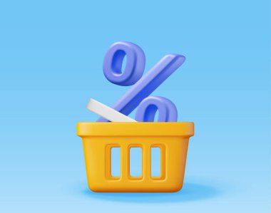 Yüzde sembolü izole edilmiş 3 boyutlu alışveriş sepeti. Gerçekçi alışveriş arabası ve renkli yüzde işareti yap. İndirim ya da tasfiye. Çevrimiçi ya da perakende alışveriş. Vektör illüstrasyonu