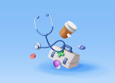 Stetoskop ve ilaç kutusuyla üç boyutlu ilk yardım çantası izole edildi. İlaç ve tabletler için torba hazırla. Sağlık, hastane ve tıbbi teşhisler. Acil ve acil durum hizmetleri. Vektör illüstrasyonu