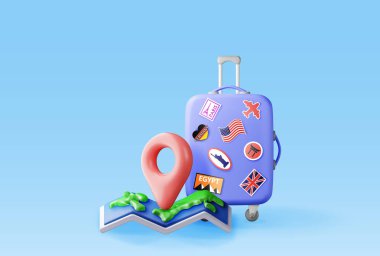 Katlanmış kağıt haritalı 3D plastik bavul. Çıkartma ve haritayla seyahat çantasını hazırla. Seyahat elemanı. Tatil ya da tatil. Ulaşım konsepti. Vektör İllüstrasyonu