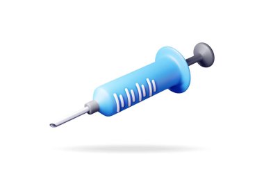 Beyaz arkaplanda 3 boyutlu şırınga simgesi izole edildi. Tıbbi plastik aşı şırıngasını hazırlayın. Şırınga iğneleri. Sağlık hastanesi tıbbi teşhisi. Acil durum. Vektör illüstrasyonu