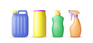 Sıvı deterjanı izole edilmiş 3 boyutlu şişeler. Teneke kutu koleksiyonu, temizleyici, sabun ya da bulaşık deterjanı. Temizlik ürünleri için plastik şişe. Vektör illüstrasyonu