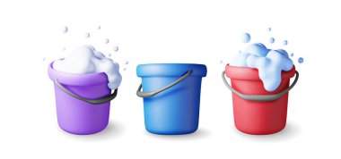 Sabunlu köpüklü ve boş izole edilmiş 3 boyutlu plastik kova. Temizlik ve yıkama için kova havuzu koleksiyonu ikonu yap. Ev temizlik ekipmanları ev aksesuarları. Gerçekçi vektör illüstrasyonu