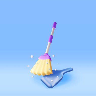 3D temizlik zamanı ya da servis konsepti izole edildi. Temizlik ve yıkama için süpürge ve faraş yap. Ev temizleme ekipmanı. Ev aksesuarları. Gerçekçi vektör illüstrasyonu