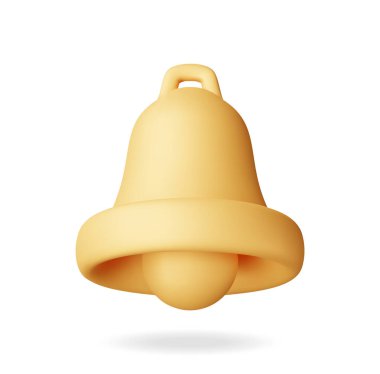 Üç boyutlu uyarı çanı simgesi izole edildi. Altın Render Zil Çalar. Altın Okul Çanı. Retro Noel Yüzük Kolu. Alarm ve Alarm Sembolü. Sosyal Medya Ağı Bildirimi Hatırlatıcısı. Vektör İllüstrasyonu