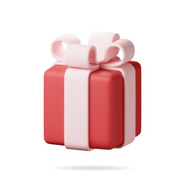 3 boyutlu hediye kutusu beyaza izole edilmiş. Renkli paketlenmiş kutu. Noel zamanı. Yeni yıl, satış, alışveriş. Fiyonklu ve kurdeleli hediye kutusu. Sevgililer günü, doğum günü ve tatil için hediye kutusu. Vektör illüstrasyonu