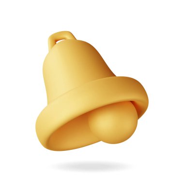 Üç boyutlu uyarı çanı simgesi izole edildi. Altın Render Zil Çalar. Altın Okul Çanı. Retro Noel Yüzük Kolu. Alarm ve Alarm Sembolü. Sosyal Medya Ağı Bildirimi Hatırlatıcısı. Vektör İllüstrasyonu