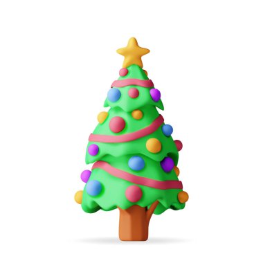 3 Boyutlu Noel Ağacı Renkli Toplar, Çelenk Işıkları, Altın Yıldız. Render Spruce, Evergreen Ağacı. Tebrik kartı, festival afişi, parti davetiyeleri. Yeni yıl. Gerçekçi Vektör İllüstrasyonu