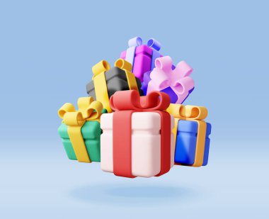 Üç boyutlu hediye kutusu yığını izole edildi. Renkli paketlenmiş kutu koleksiyonunu düzenle. Noel zamanı. Yeni yıl, indirim, alışveriş. Yay kurdeleli hediye kutusu. Sevgililer günü için hediye kutusu, doğum günü, tatil. Vektör illüstrasyonu