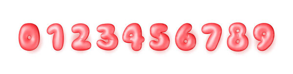 Трехмерные красные шарики изолированы. Отдайте резиновые блестящие цифры, розовые воздушные шары. День рождения или юбилей, вечеринка приглашения понятия элементов. Векторная иллюстрация.