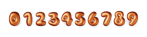 3D бронзовые шарики номера установлены изолированы. Изображение металлических блестящих цифр, бронзовый воздушный шар символа коллекции. День рождения или юбилей, вечеринка приглашения понятия элементов. Векторная иллюстрация.