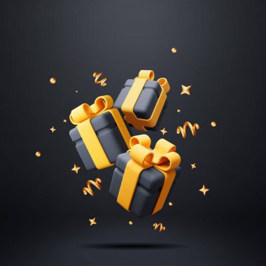 Altın Fiyonklu ve Konfeti 'li 3D Kara Hediye Kutuları. Lüks Paketli Paketi Hazırla. Noel zamanı. Yeni yıl, indirim, alışveriş. Kara Cuma, Doğum günü ve Bayram için hediye kutusu hediye paketi. Vektör İllüstrasyonu