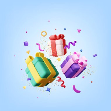 Düşen konfetiyle 3 boyutlu hediye kutusu. Hediye kutusu sürprizi. Noel, yeni yıl indirimi, alışveriş. Yay kurdeleli hediye kutusu. Sevgililer günü, doğum günü ve tatil için hediye kutusu. Vektör illüstrasyonu