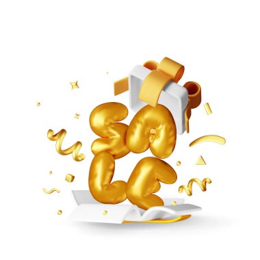 Üç boyutlu hediye kutusu. İçinde balonlar ve Düşen Konfeti var. Sunum Kutusu Sürprizi. Noel ve yeni yıl indirimi. Dükkan, Reklamcılık için Mağaza Afişi. Özel Teklif Fiyatı Kara Cuma. Vektör İllüstrasyonu