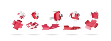3D açık hediye paketi izole edildi. Renkli kutu koleksiyonunu düzenle. Noel, yeni yıl, indirim, alışveriş. Yay kurdeleli hediye kutusu. Sevgililer günü için hediye kutusu, doğum günü, tatil. Vektör illüstrasyonu