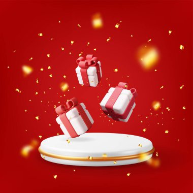 Konfeti içinde beyaz podyum bulunan üç boyutlu hediye kutuları. Paketi hazırla. Yılbaşı, indirim, alışveriş. Yay kurdeleli hediye kutusu. Sevgililer günü için hediye kutusu, doğum günü tatili. Vektör illüstrasyonu