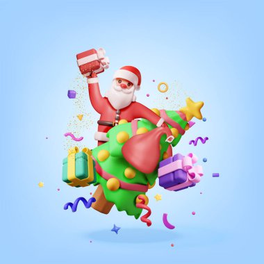 Üç boyutlu Noel Baba hediye paketi ve noel ağacı izole edilmiş. Yeni yılınız kutlu olsun. Mutlu noeller. Yeni yıl ve Noel kutlaması. Gerçekçi vektör illüstrasyonu