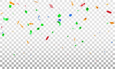 Şeffaf arkaplanda 3 boyutlu renkli parti konfetisi. Boş uzayda renkli konfeti yap. Çeşitli şekillerde metal çatapat elementleri. Parti, tatil, sürpriz doğum günü etkinlikleri. Vektör illüstrasyonu