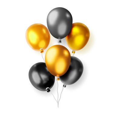 Beyaz arka planda izole edilmiş 3 boyutlu metalik balon. Gerçekçi helyum balonlarını altın ve siyaha dönüştür. Yıldönümü şablonu, doğum günü, açılış partisi. Vektör illüstrasyonu