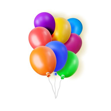 Beyaz arka planda izole edilmiş üç boyutlu renkli balon. Gerçekçi renkli helyum balonları yarat. Yıldönümü şablonu, doğum günü, açılış partisi. Vektör illüstrasyonu