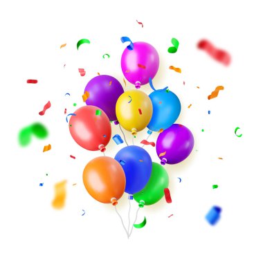 Beyaz arka planda 3 boyutlu renkli balon konfetisi. Gerçekçi renkli helyum balonları yarat. Yıldönümü şablonu, doğum günü, açılış partisi. Vektör illüstrasyonu