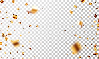 Şeffaf arka planda 3D parti altın konfetisi. Altın konfetiyi boş uzaya yerleştirin. Çeşitli şekillerde metal çatapat elementleri. Parti, tatil, sürpriz ya da doğum günü etkinlikleri. Vektör illüstrasyonu