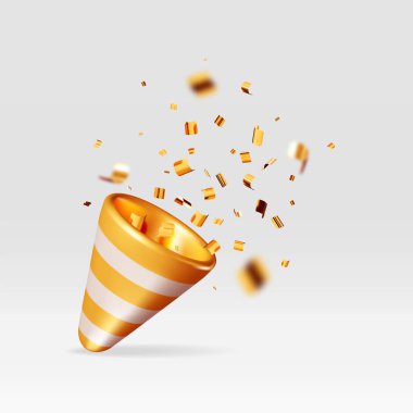 Beyaz konfetili 3D parti meraklısı. Kağıt konfeti koleksiyonu yap. Çeşitli şekillerde altın çatapat elementleri. Parti, tatil sürprizi ya da doğum günü etkinlikleri. Vektör illüstrasyonu