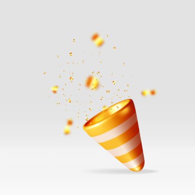 Beyaz konfetili 3D parti meraklısı. Kağıt konfeti koleksiyonu yap. Çeşitli şekillerde altın çatapat elementleri. Parti, tatil sürprizi ya da doğum günü etkinlikleri. Vektör illüstrasyonu