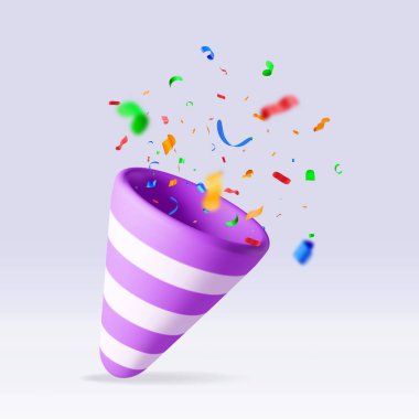 Beyaz konfetili 3D parti meraklısı. Kağıt konfeti koleksiyonu yap. Çeşitli şekillerde renkli kestane fişeği elementleri. Parti, tatil sürprizi ya da doğum günü etkinlikleri. Vektör illüstrasyonu