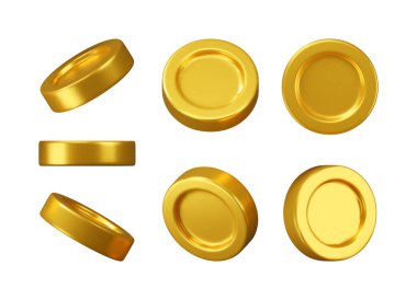 3 boyutlu altın sikke simgesi izole edildi. Amerikan Doları farklı şekillerde işlenmiş. Dönüşümlü boş altın para işareti. Büyüme, gelir, tasarruf, yatırım, zenginlik. İş başarısı. Vektör illüstrasyonu