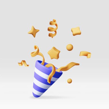 Beyaz konfetili 3D parti meraklısı. Kağıt konfeti koleksiyonu yap. Çeşitli şekillerde altın çatapat elementleri. Parti, tatil sürprizi ya da doğum günü etkinlikleri. Vektör illüstrasyonu