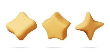 Farklı şekillerde üç boyutlu parlak sarı yıldız izole edildi. Yuvarlak Yıldız Gerçekçi Render Koleksiyonunu İnceledi. İfade verme, geri bildirim, araştırma, kalite ve inceleme. Başarı ya da Gol. Vektör İllüstrasyonu