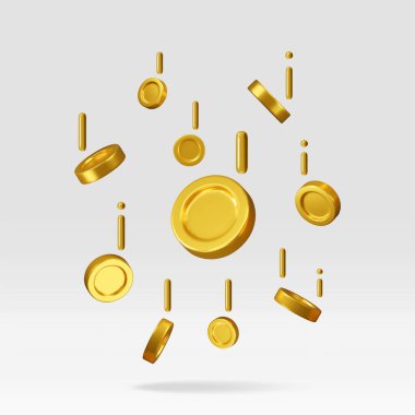 3D altın sikkeler, para yağmuru. Altın sikkeler yap. Dönüşümlü boş altın para işareti. Büyüme, gelir, tasarruf, yatırım, zenginlik. İş başarısı. Vektör illüstrasyonu