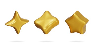 Farklı şekillerde üç boyutlu parlak sarı yıldız izole edildi. Yuvarlak Yıldız Gerçekçi Render Koleksiyonunu İnceledi. İfade verme, geri bildirim, araştırma, kalite ve inceleme. Başarı ya da Gol. Vektör İllüstrasyonu