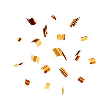 Üç boyutlu parti altın konfetileri izole edildi. Altın konfetiyi boş uzaya yerleştirin. Çeşitli şekillerde metal çatapat elementleri. Parti, tatil, sürpriz ya da doğum günü etkinlikleri. Vektör illüstrasyonu