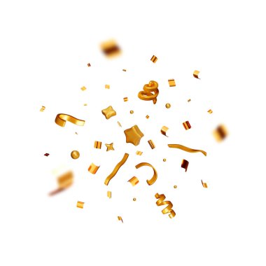 Üç boyutlu parti altın konfetileri izole edildi. Altın konfetiyi boş uzaya yerleştirin. Çeşitli şekillerde metal çatapat elementleri. Parti, tatil, sürpriz ya da doğum günü etkinlikleri. Vektör illüstrasyonu