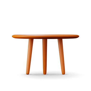 Bacakları beyaza ayrılmış 3 boyutlu tahta masa standı. Yuvarlak kahverengi tezgahlı boş bir masa oluştur. Ofis, mutfak ya da ev için yuvarlak masa. Minimalist mobilya tarzı. vektör illüstrasyonu