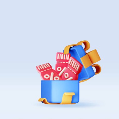 Hediye kutusunda yüzde sembolü olan 3d kupon izole edildi. İndirim makbuzu ya da kuponu hazırla. Boş Bilet Alışveriş Kâğıdı. Promosyon Teklif Onayı. Bonus alımı, hediye konsepti. Vektör İllüstrasyonu