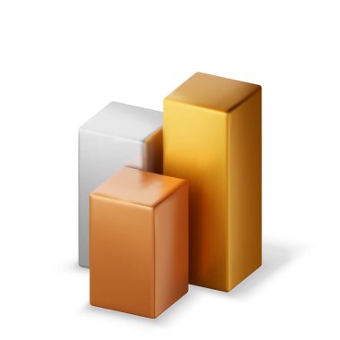 3D altın, gümüş ve bronz kare podyum izole edildi. Şampiyon ödül töreni için sahne kaidesi oluşturun. Ürün sunumu için podyumu kapatın ya da kazanın. Vektör illüstrasyonu