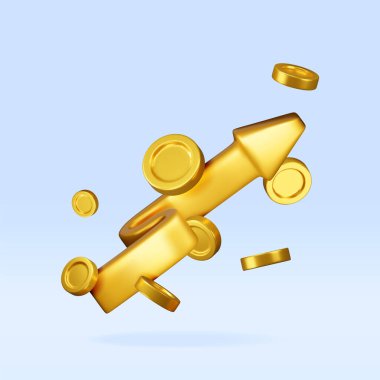 3D growth stock chart arrow with golden coins. Render stock arrow with money shows growth or success. Financial item, business investment financial market trade. Money and banking. Vector illustration