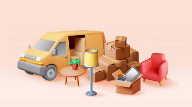 İçinde açık kapı ve ev eşyaları olan 3 boyutlu teslimat minibüsü. Render yeni eve taşınıyor. Yeni eve taşınma. Kutular dolusu mal. Paket taşımacılığı. Mobilya, lamba, bitki, kitaplar. Vektör illüstrasyonu