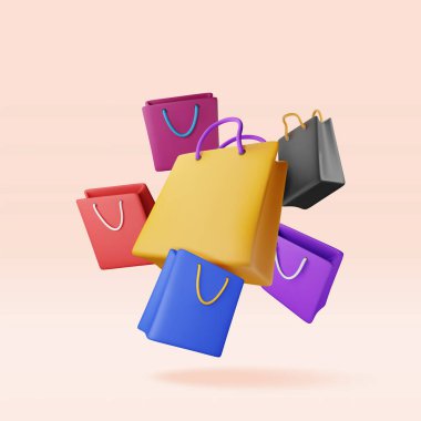 3D bunch of shopping bag isolated. Render collection of realistic gift bag. Sale discount or clearance concept. Online or retail shopping symbol. Fashion handbag. Vector illustration clipart