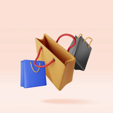Üç boyutlu alışveriş torbası izole edilmiş. Gerçekçi hediye paketi koleksiyonu. İndirim ya da tasfiye konsepti. Çevrimiçi veya perakende alışveriş sembolü. Moda çantası. Vektör illüstrasyonu