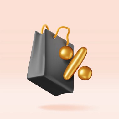 Yüzde işaretli 3 boyutlu alışveriş torbası. Gerçekçi hediye paketi. İndirim, indirim ya da tasfiye konsepti. Çevrimiçi veya perakende satış sembolü, Kara Cuma. Moda çantası. Vektör illüstrasyonu