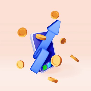 Akıllı telefondan 3 boyutlu hisse senedi tablosu ve ok. Telefondaki paralı kağıt okun büyüme ya da başarı gösterdiğini gösteriyor. Finansal eşya, iş yatırımı. Para ve bankacılık. Vektör illüstrasyonu