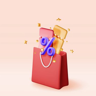 3D shopping bag with percent sign and discount coupon isolated. Render realistic gift bag. Sale, discount or clearance concept. Online or retail shopping symbol. Fashion handbag. Vector illustration