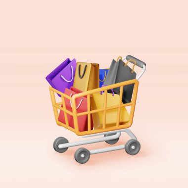 Alışveriş arabasındaki 3 boyutlu alışveriş ya da hediye çantası izole edildi. Render Collection Gerçekçi Hediye Çantası. Satış, indirim ya da tasfiye. Çevrimiçi veya Perakende Alışveriş Sembolü. Moda El Çantası. Vektör İllüstrasyonu