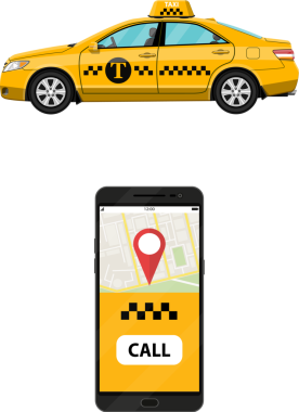 Mobil uygulamalı akıllı telefon ve sarı taksi arabası.