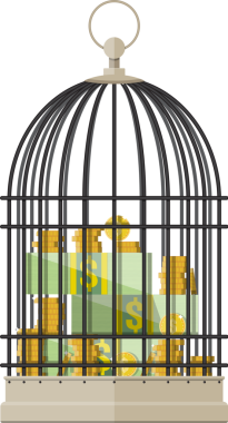 Sikke ve dolar faturaları yığınları kafeste