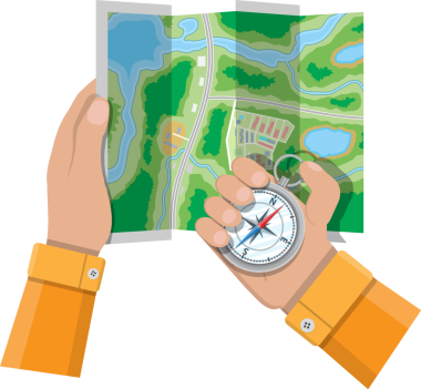 Katlanmış kağıt şehir banliyö haritası ve pusula ellerinde